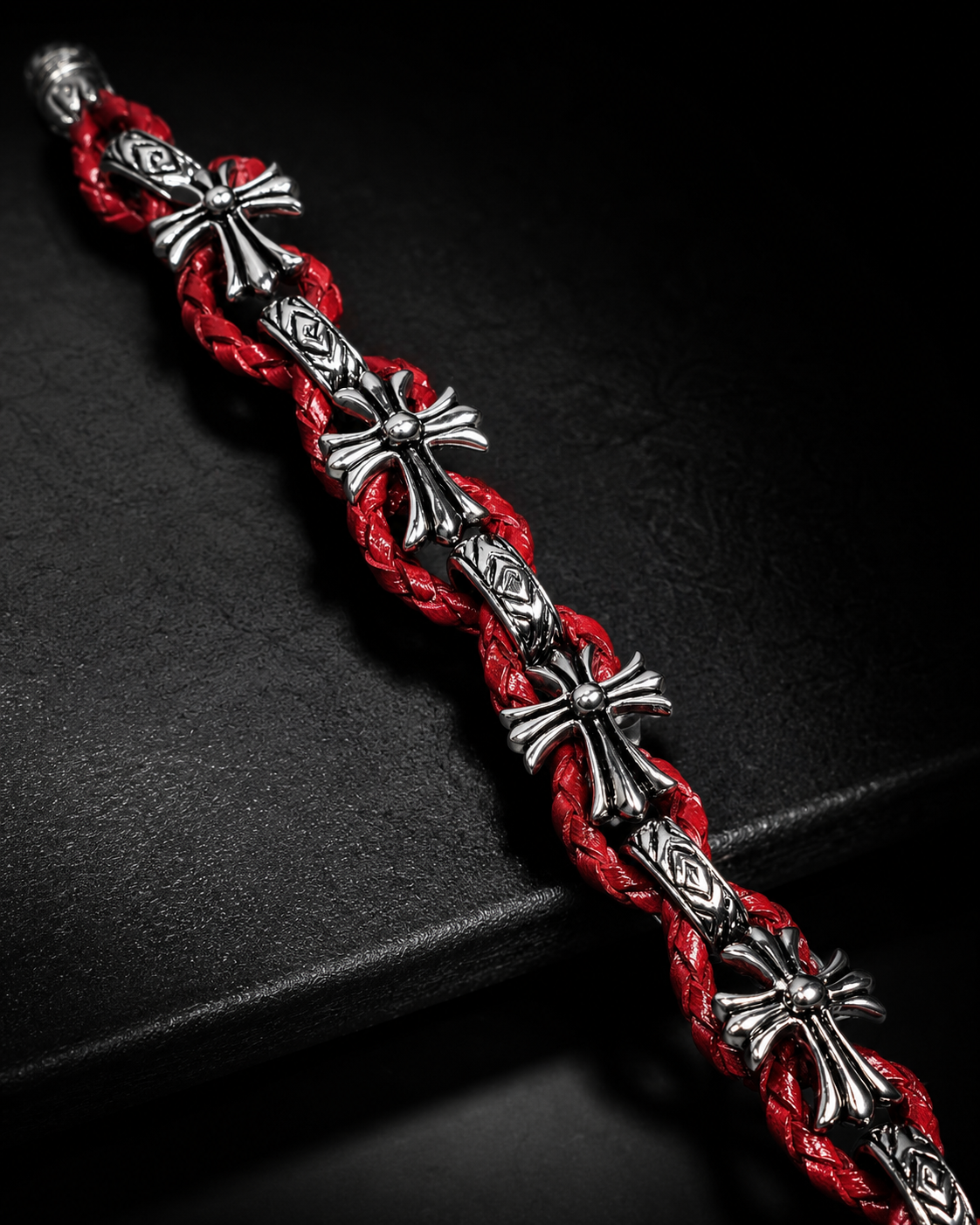 Sterling Silver Fleur de Lis Red Leather Bracelet, Braided Leather Cross Bracelet, Gothic Fleur de Lis Jewelry, Silver Leather Bracelet