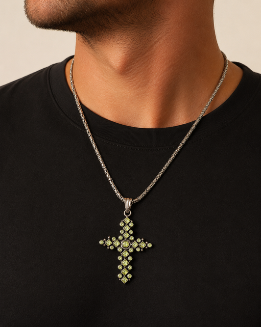 Solid Sterling Silver Peridot Cross Pendant, Green Gemstone Pendant, Artisan Silver Cross Charm