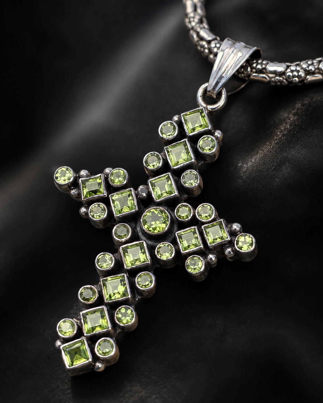 Solid Sterling Silver Peridot Cross Pendant, Green Gemstone Pendant, Artisan Silver Cross Charm
