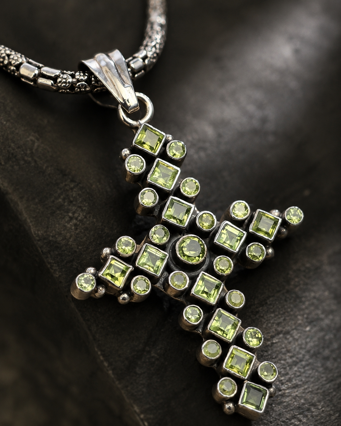 Solid Sterling Silver Peridot Cross Pendant, Green Gemstone Pendant, Artisan Silver Cross Charm