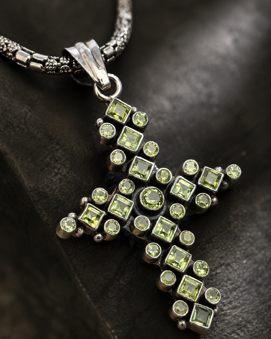 Solid Sterling Silver Peridot Cross Pendant, Green Gemstone Pendant, Artisan Silver Cross Charm