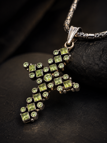 Solid Sterling Silver Peridot Cross Pendant, Green Gemstone Pendant, Artisan Silver Cross Charm
