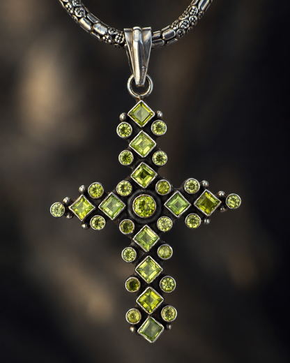 Solid Sterling Silver Peridot Cross Pendant, Green Gemstone Pendant, Artisan Silver Cross Charm