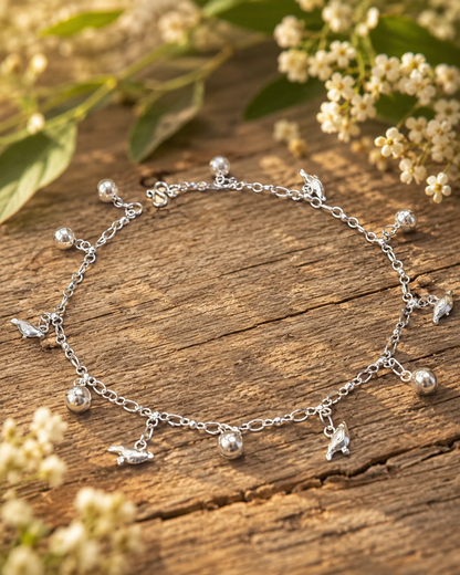Sterling Silver Bird Charm Anklet with Silver Balls, Beach Ankle Bracelet, Summer Jewelry Gift for Her