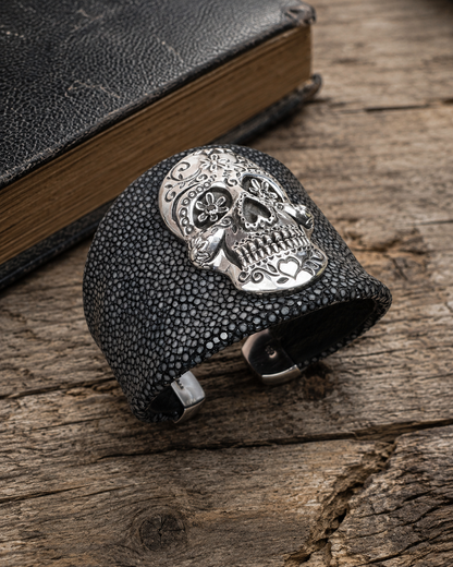 Sterling Silver Sugar Skull Leather Cuff Bracelet