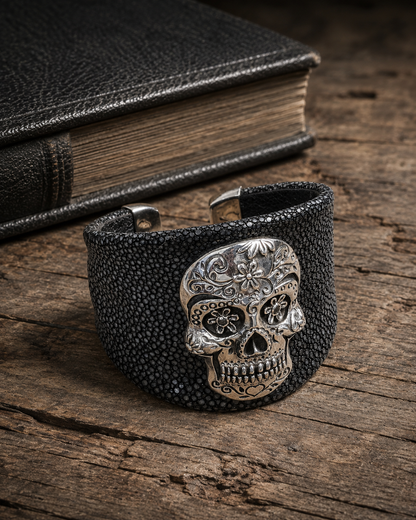 Sterling Silver Sugar Skull Leather Cuff Bracelet