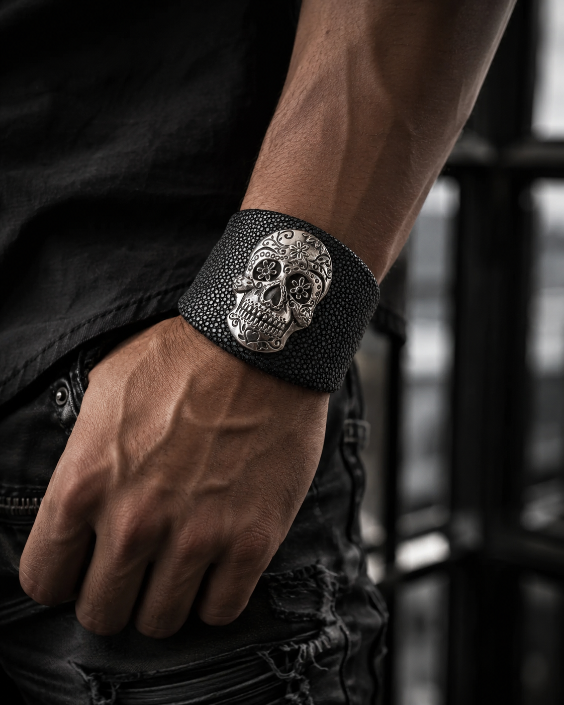 Sterling Silver Sugar Skull Leather Cuff Bracelet