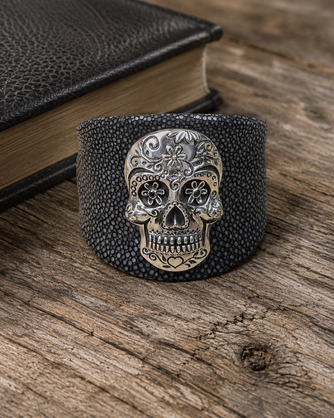 Sterling Silver Sugar Skull Leather Cuff Bracelet