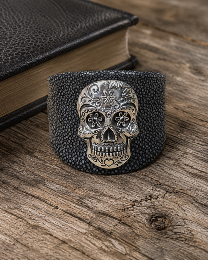 Sterling Silver Sugar Skull Leather Cuff Bracelet