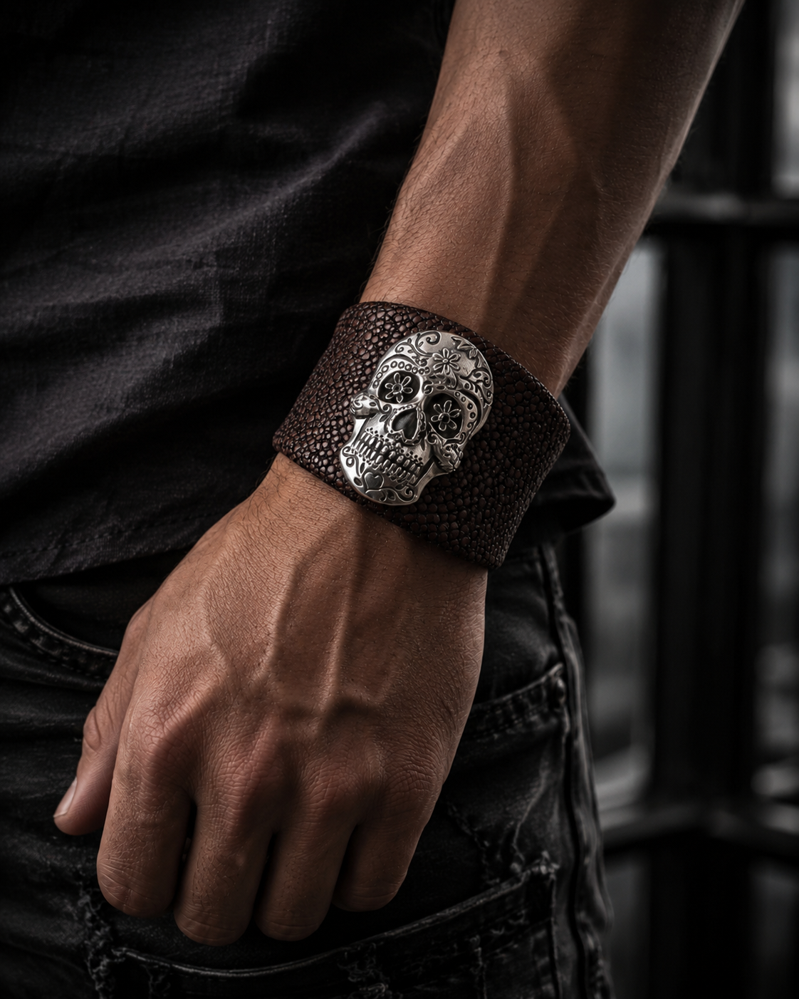 Sterling Silver Sugar Skull Leather Cuff Bracelet