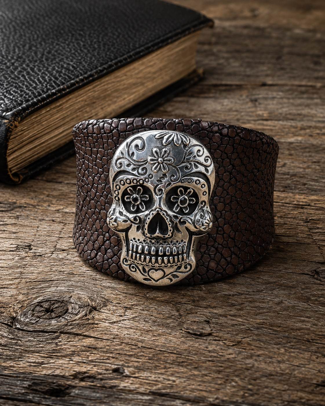 Sterling Silver Sugar Skull Leather Cuff Bracelet