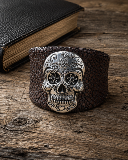 Sterling Silver Sugar Skull Leather Cuff Bracelet