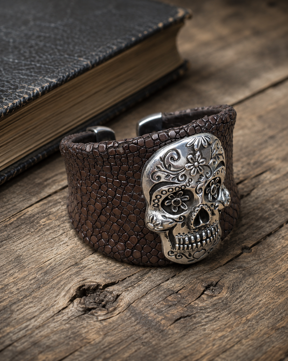 Sterling Silver Sugar Skull Leather Cuff Bracelet