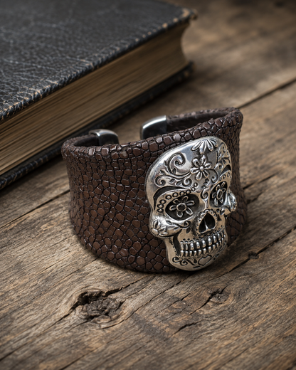 Sterling Silver Sugar Skull Leather Cuff Bracelet