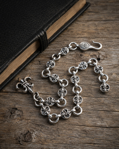 Solid Sterling Silver Fleur de Lis Charm Bracelet – Unisex Gothic Chain Bracelet