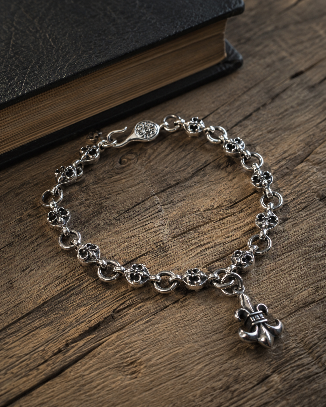 Solid Sterling Silver Fleur de Lis Charm Bracelet – Unisex Gothic Chain Bracelet
