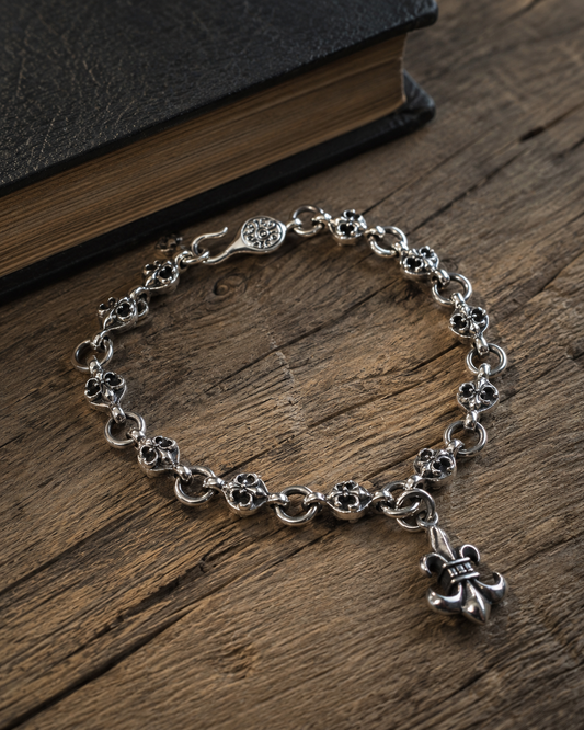 Solid Sterling Silver Fleur de Lis Charm Bracelet – Unisex Gothic Chain Bracelet
