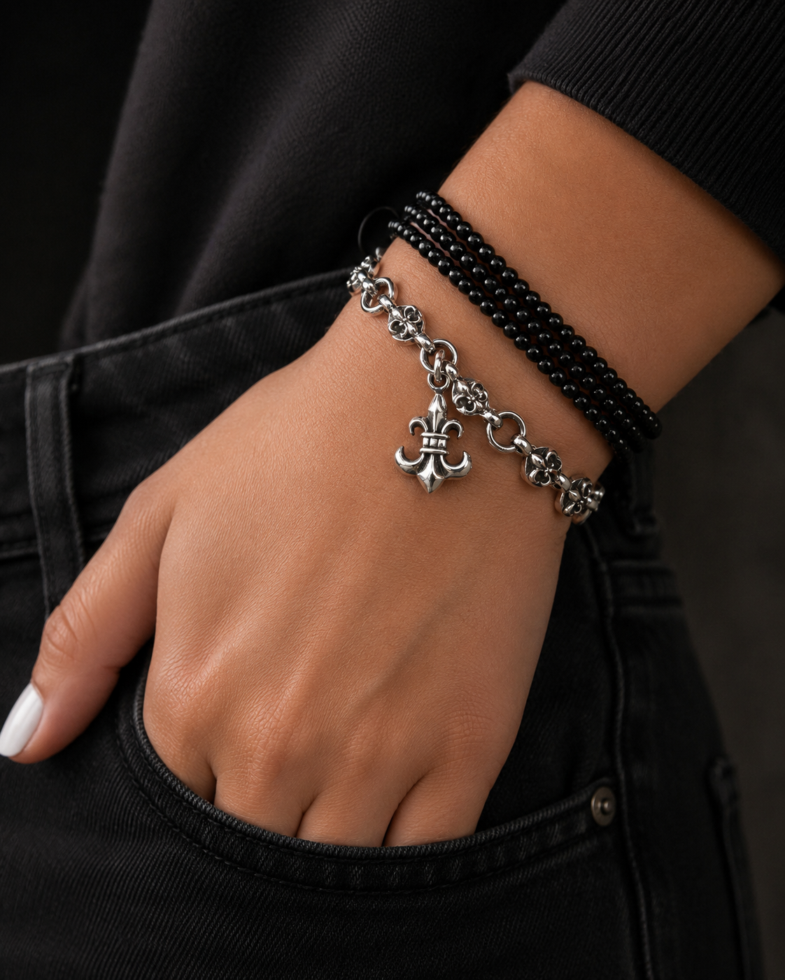 Solid Sterling Silver Fleur de Lis Charm Bracelet – Unisex Gothic Chain Bracelet