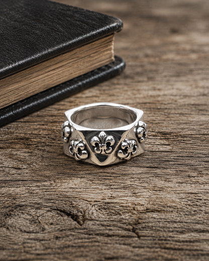 Solid Sterling Silver Fleur De Lis 10mm Band Ring – Wide Gothic Statement Ring