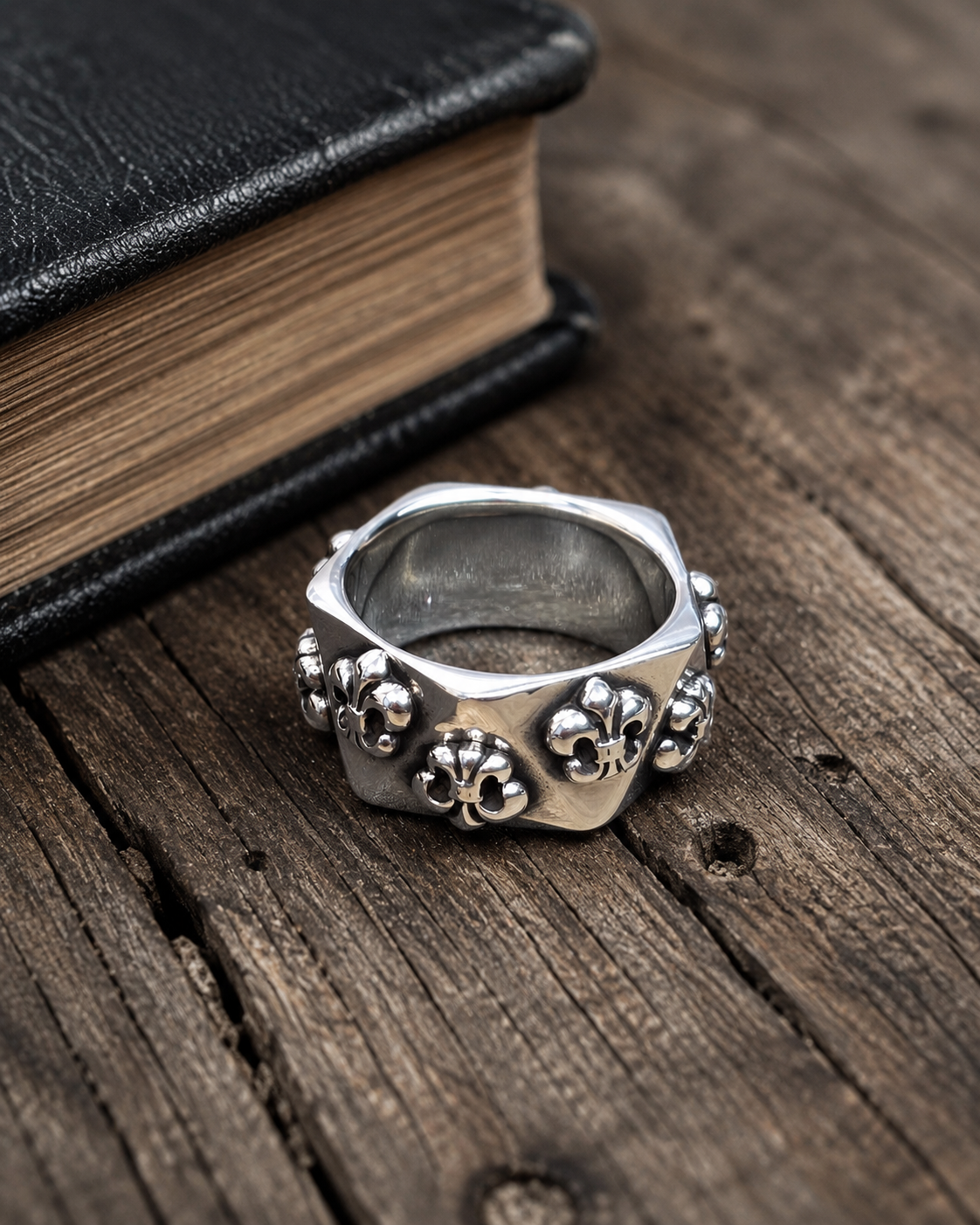 Solid Sterling Silver Fleur De Lis 10mm Band Ring – Wide Gothic Statement Ring