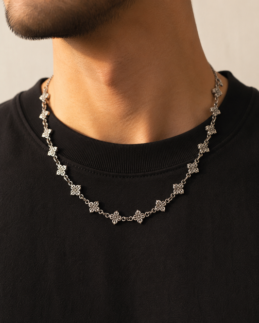 Solid Heavy 10mm Vajra Chain Necklace – Sterling Silver Floral Dorje Link Necklace with Toggle Clasp