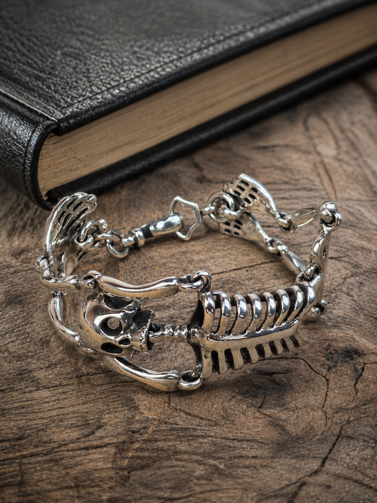 Solid Sterling Silver Skeleton Bracelet – Gothic Skull Bone Chain Bracelet for Men & Women