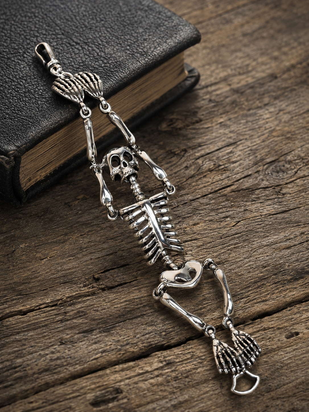 Solid Sterling Silver Skeleton Bracelet – Gothic Skull Bone Chain Bracelet for Men & Women