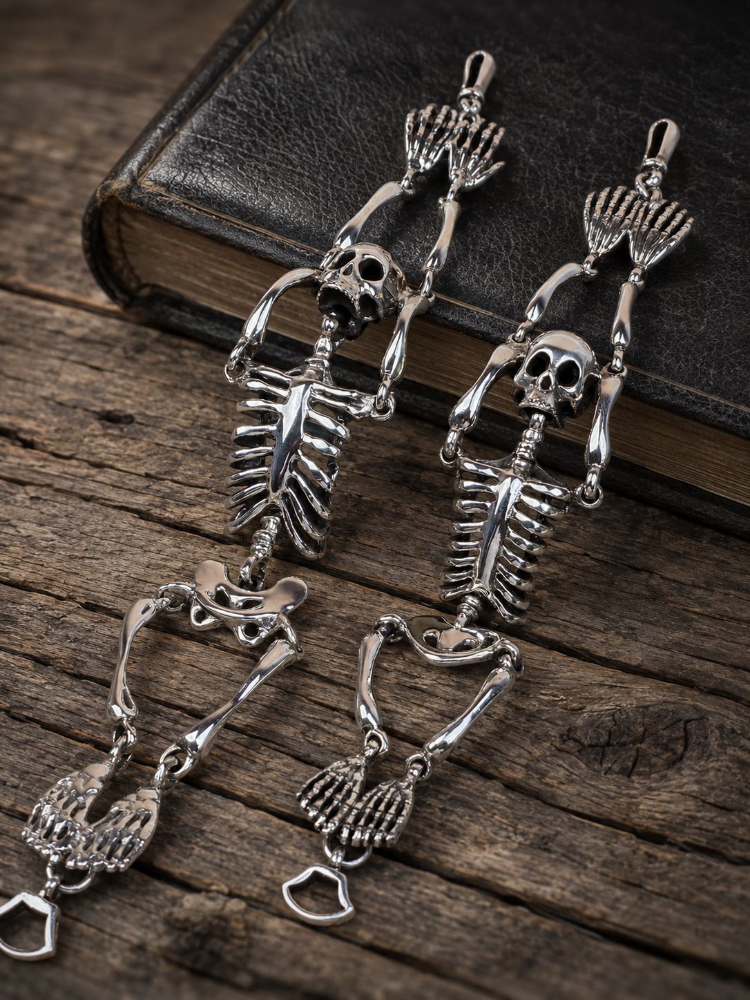 Solid Sterling Silver Skeleton Bracelet – Gothic Skull Bone Chain Bracelet for Men & Women