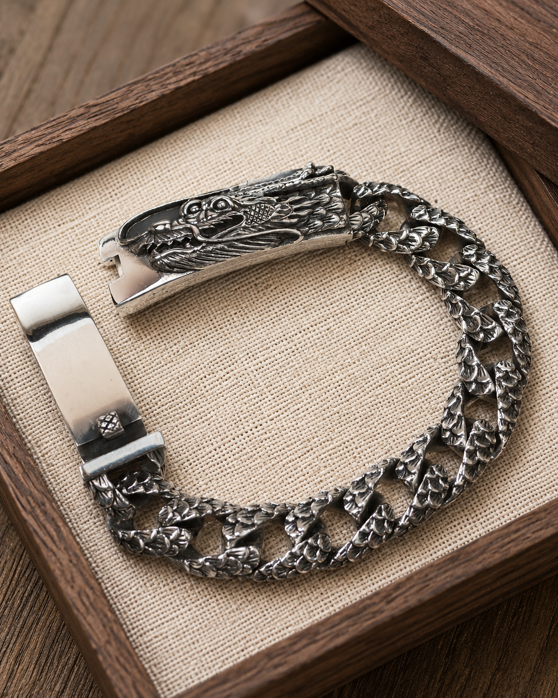 Heavy Sterling Silver Dragon Bracelet – Unisex 925 Silver 15mm Cuban Link Bracelet, Handmade Gothic Biker Jewelry Gift