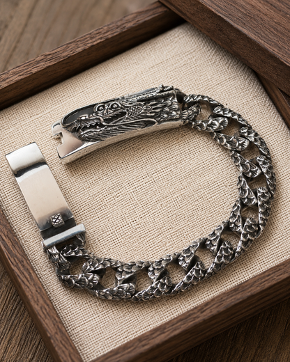 Heavy Sterling Silver Dragon Bracelet – Unisex 925 Silver 15mm Cuban Link Bracelet, Handmade Gothic Biker Jewelry Gift