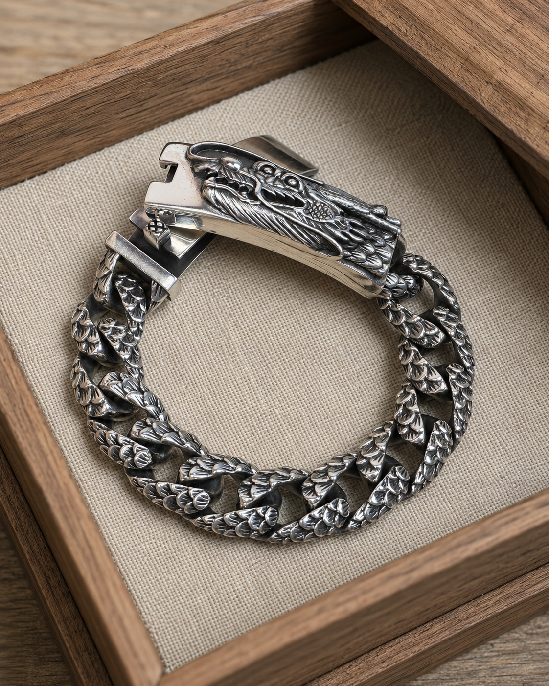 Heavy Sterling Silver Dragon Bracelet – Unisex 925 Silver 15mm Cuban Link Bracelet, Handmade Gothic Biker Jewelry Gift