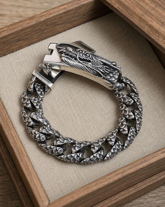 Heavy Sterling Silver Dragon Bracelet – Unisex 925 Silver 15mm Cuban Link Bracelet, Handmade Gothic Biker Jewelry Gift