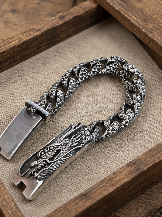 Heavy Sterling Silver Dragon Bracelet – Unisex 925 Silver 15mm Cuban Link Bracelet, Handmade Gothic Biker Jewelry Gift
