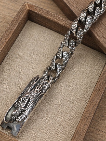 Heavy Sterling Silver Dragon Bracelet – Unisex 925 Silver 15mm Cuban Link Bracelet, Handmade Gothic Biker Jewelry Gift