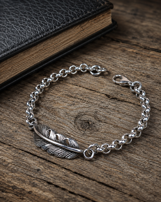 Sterling Silver Feather Bracelet, Unisex Heavy Chain Bracelet, 925 Silver Feather Link Bracelet, Boho Gift for Him Her