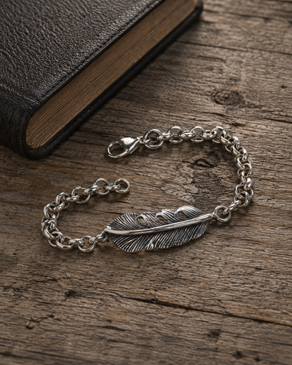 Sterling Silver Feather Bracelet, Unisex Heavy Chain Bracelet, 925 Silver Feather Link Bracelet, Boho Gift for Him Her