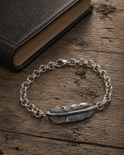 Sterling Silver Feather Bracelet, Unisex Heavy Chain Bracelet, 925 Silver Feather Link Bracelet, Boho Gift for Him Her