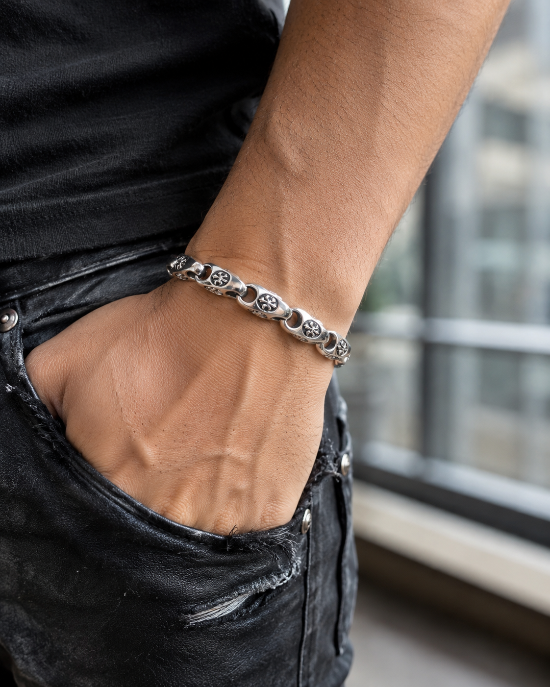 Solid Sterling Silver Fleur-De-Lis Chain Bracelet – Unisex Heavy Link Bracelet