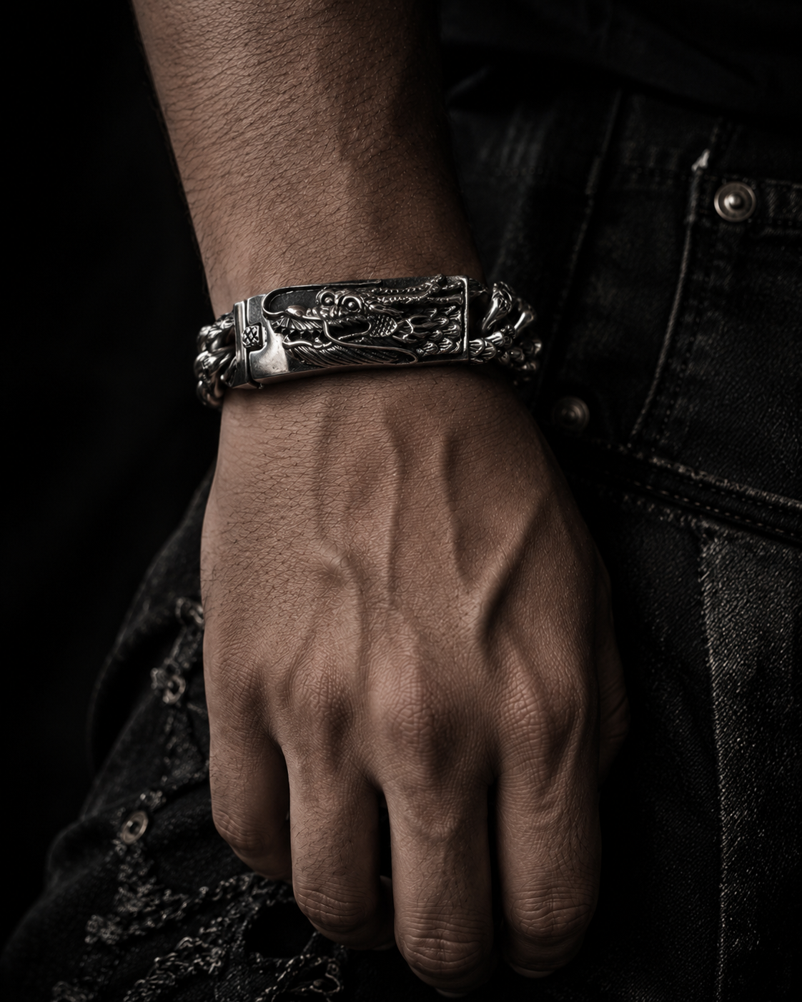 Heavy Sterling Silver Dragon Bracelet – Unisex 925 Silver 15mm Cuban Link Bracelet, Handmade Gothic Biker Jewelry Gift