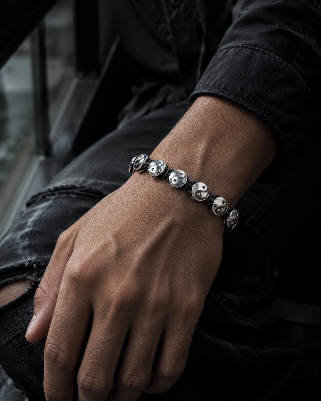 10mm Sterling Silver Yin Yang Bracelet – Unisex Adjustable Macrame 925 Silver Taoist Symbol Jewelry