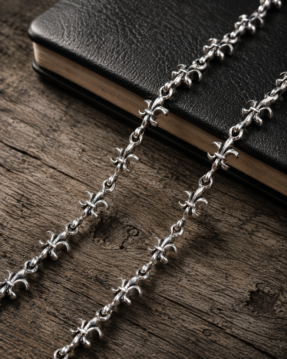 20" Heavy Sterling Silver Fleur De Lis Necklace, Solid 925 Silver Unisex Gothic Floral Link Chain
