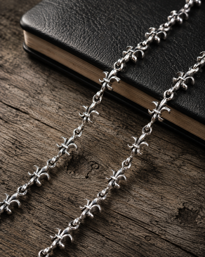 20" Heavy Sterling Silver Fleur De Lis Necklace, Solid 925 Silver Unisex Gothic Floral Link Chain