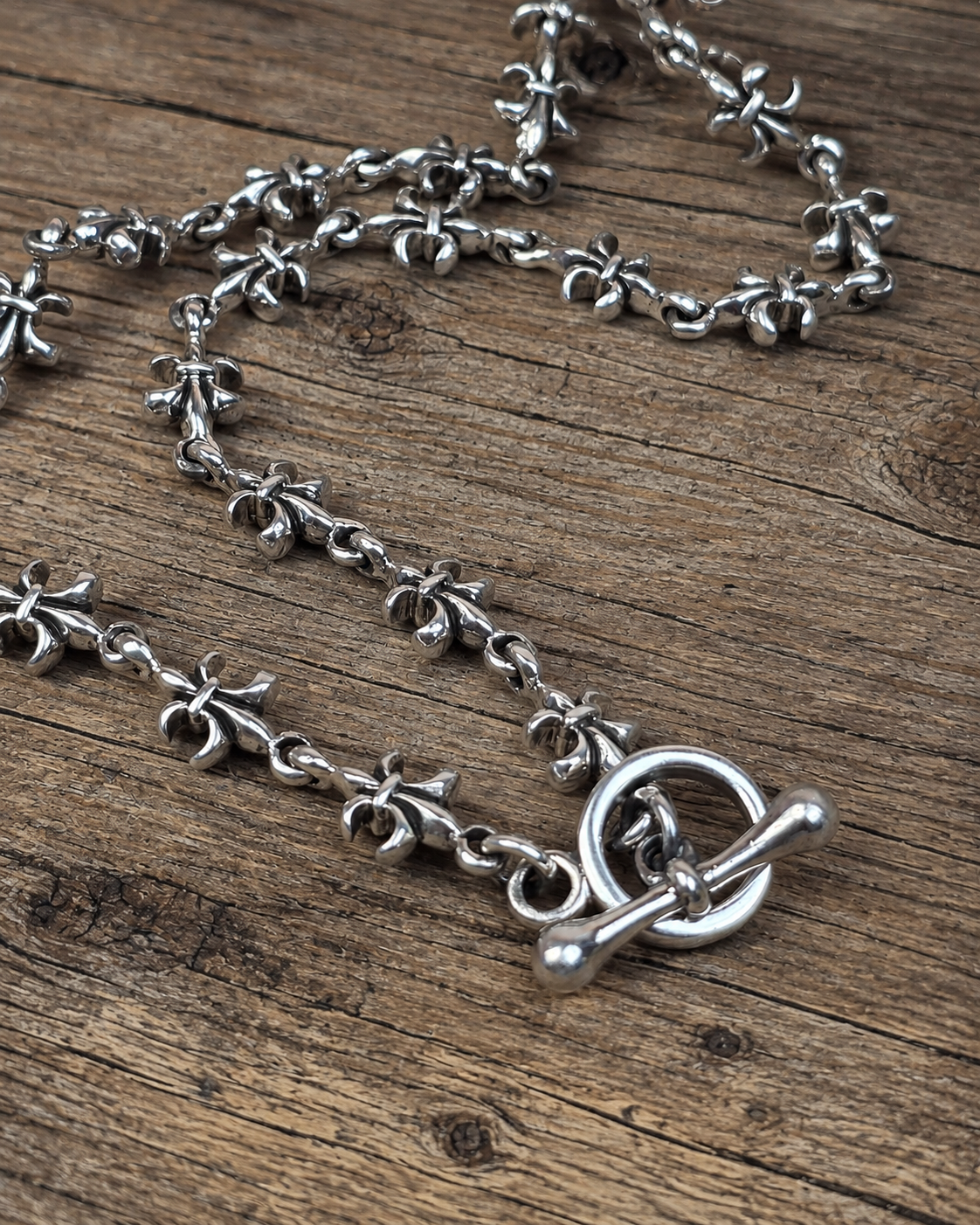 20" Heavy Sterling Silver Fleur De Lis Necklace, Solid 925 Silver Unisex Gothic Floral Link Chain