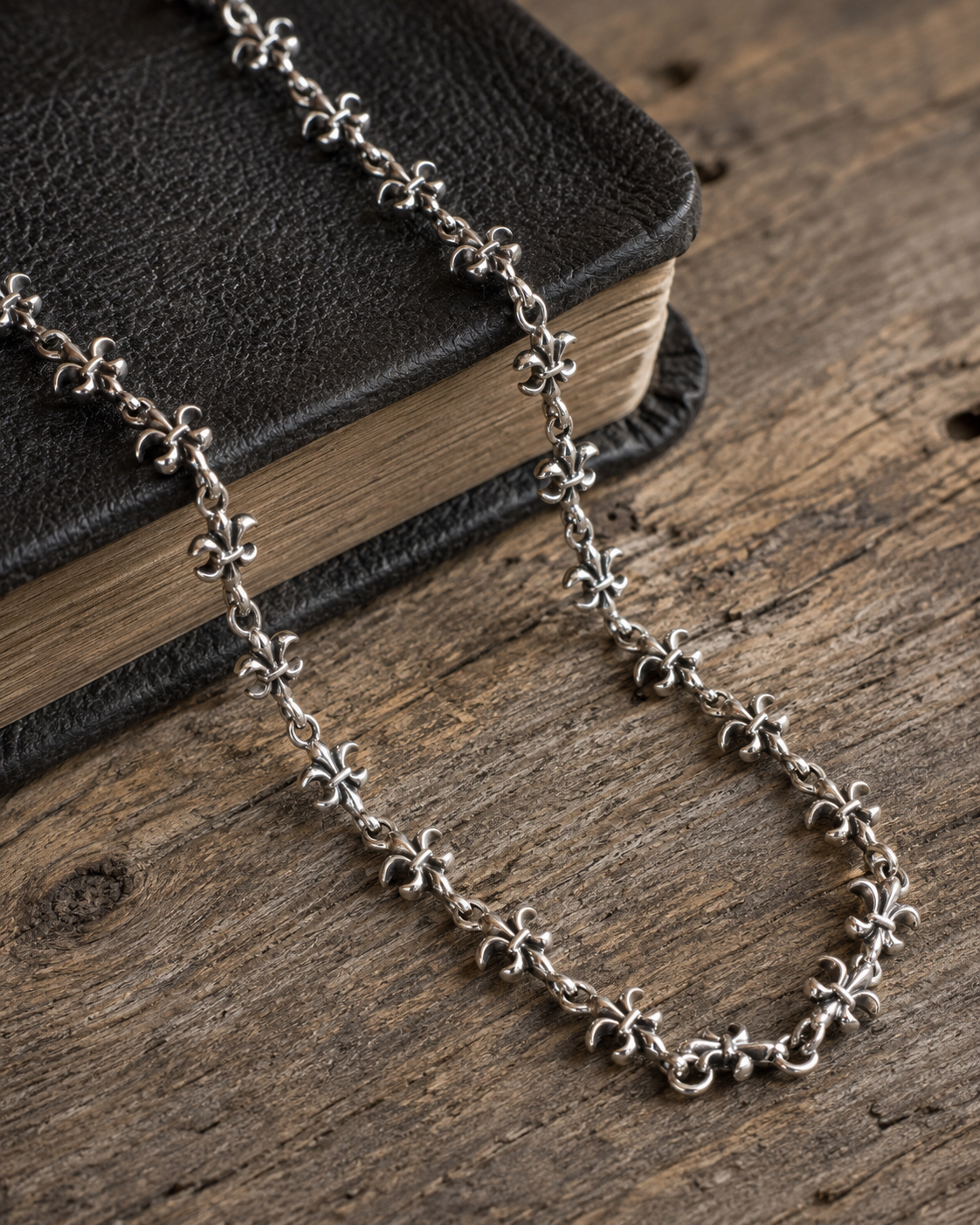 20" Heavy Sterling Silver Fleur De Lis Necklace, Solid 925 Silver Unisex Gothic Floral Link Chain