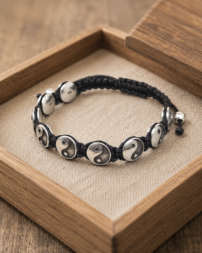 10mm Sterling Silver Yin Yang Bracelet – Unisex Adjustable Macrame 925 Silver Taoist Symbol Jewelry