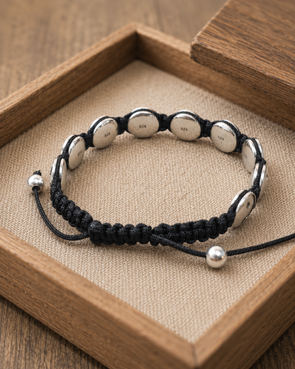 10mm Sterling Silver Yin Yang Bracelet – Unisex Adjustable Macrame 925 Silver Taoist Symbol Jewelry