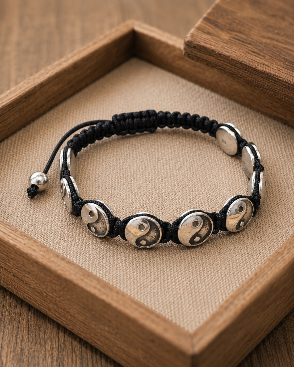 10mm Sterling Silver Yin Yang Bracelet – Unisex Adjustable Macrame 925 Silver Taoist Symbol Jewelry