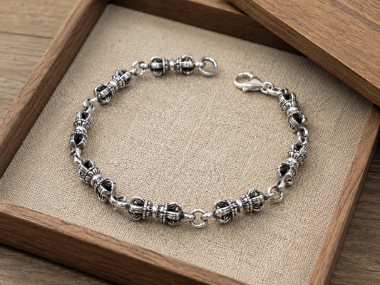 Sterling Silver Vajra Bracelet | 5mm Heavy Unisex Dorje Meditation Bracelet