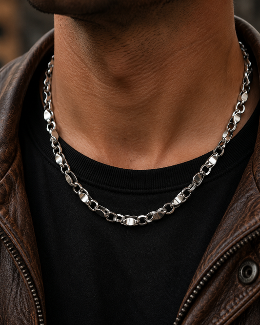 Heavy Sterling Silver Fancy Link Chain Necklace, 7mm Unisex 925 Silver Sculptural Mixed Link Statement Chain