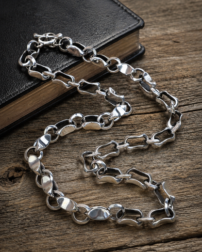 Heavy Sterling Silver Fancy Link Chain Necklace, 7mm Unisex 925 Silver Sculptural Mixed Link Statement Chain